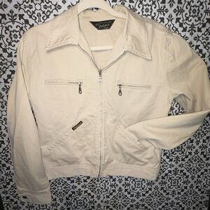 A. Gold E. Small Beige 100% Cotton Zip Front Moto Utility Jacket Made in USA